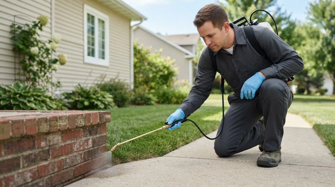 Pest control technician treating a home near Fort Payne, AL